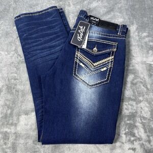 True Luck Jeans Mens 34x32 Dark Wash Classic Embroider Straight Fit Stretch NEW